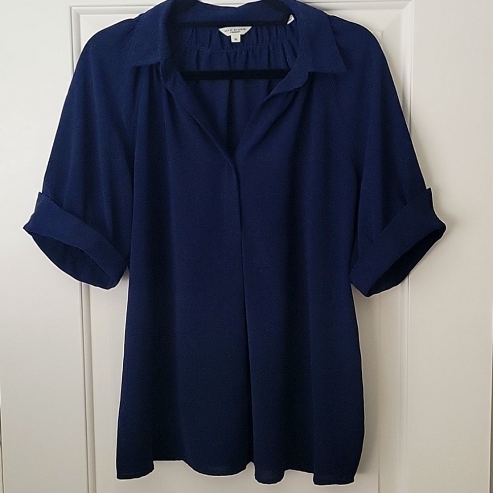 Max Studio navy blue cuffed sleeve collared pullover EUC